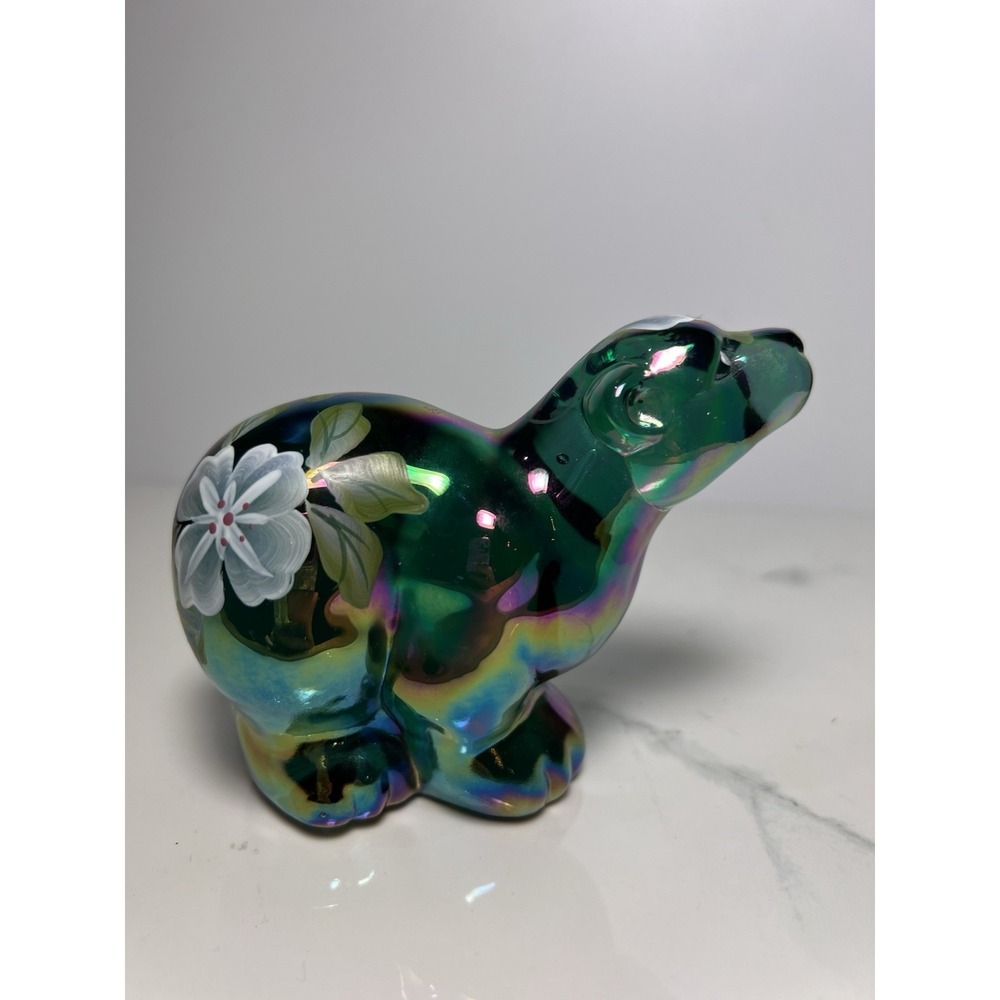 VTG Fenton Iridescent Emerald Green Polar Bear Figurine Hand Painted Art Glass